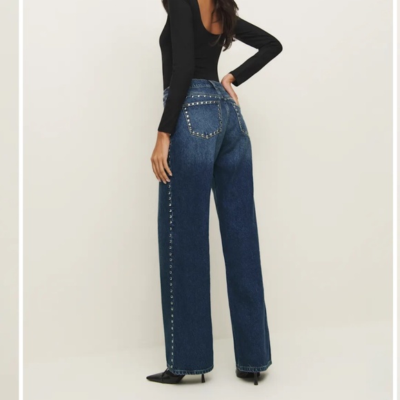 Reformation Dark Blue Wide Leg Jeans with Silver Studs - Picture 2 of 3